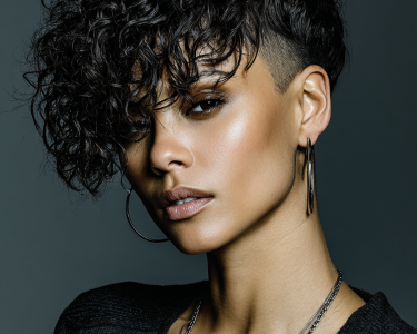 Bald Fade Women Black Short Hair with Curly Bangs