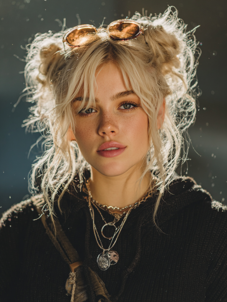 Edgy Blonde Hair with Space Buns and Face Framing Tendrils
