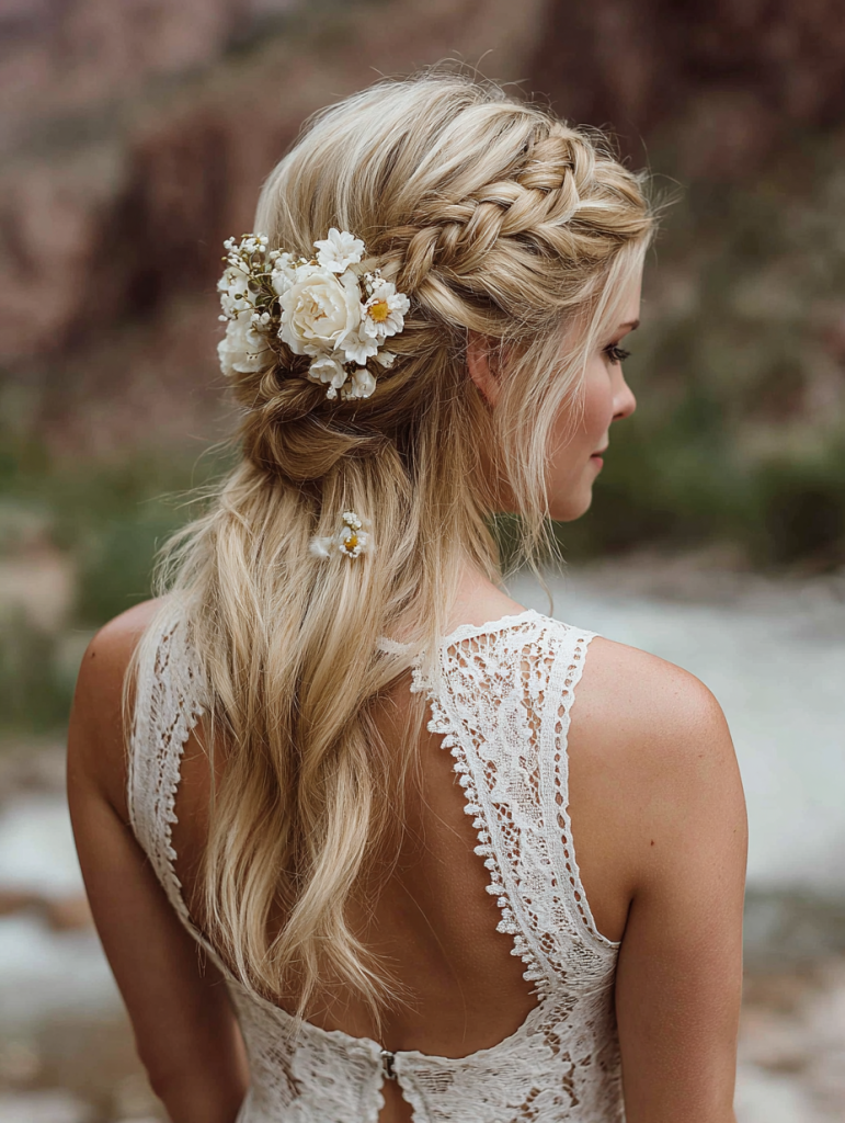 Summer Updos For Long Hair: Twisted Half-Updo with Flowers