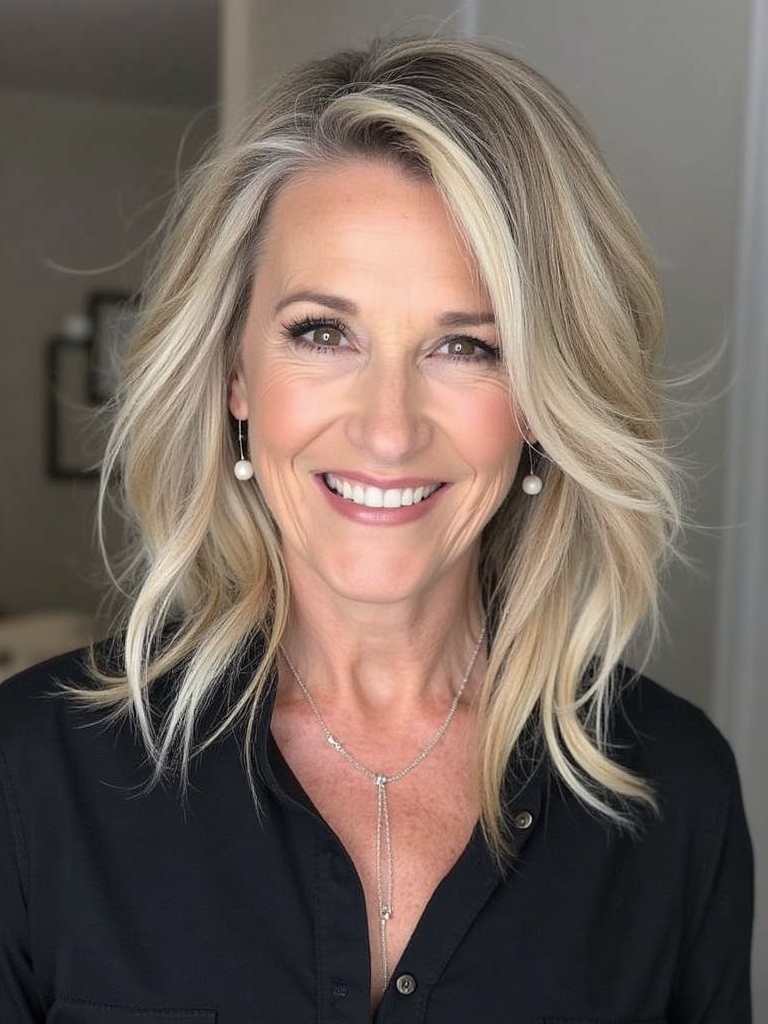 Long Hair for Older Women: Dramatic Deep Side Part with Long Layers