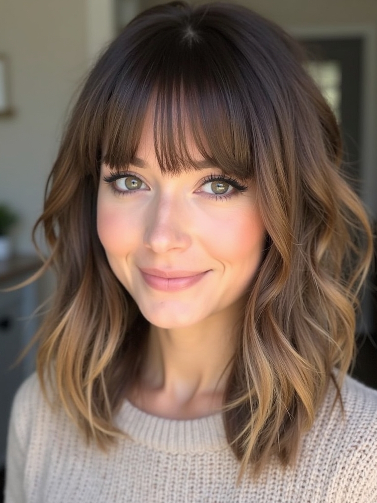 Shoulder Length Hairstyle For Thin Hair Fine: Side-Swept Bangs and Layers