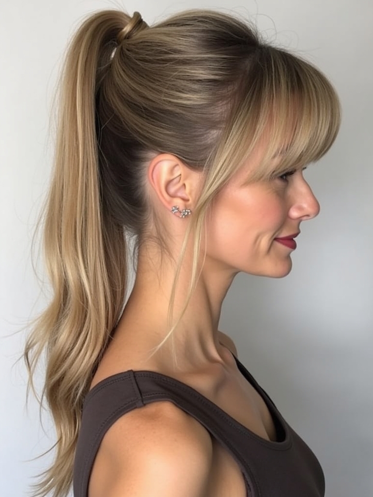 Long Hair for Older Women: Sleek Ponytail with Face-Framing Layers