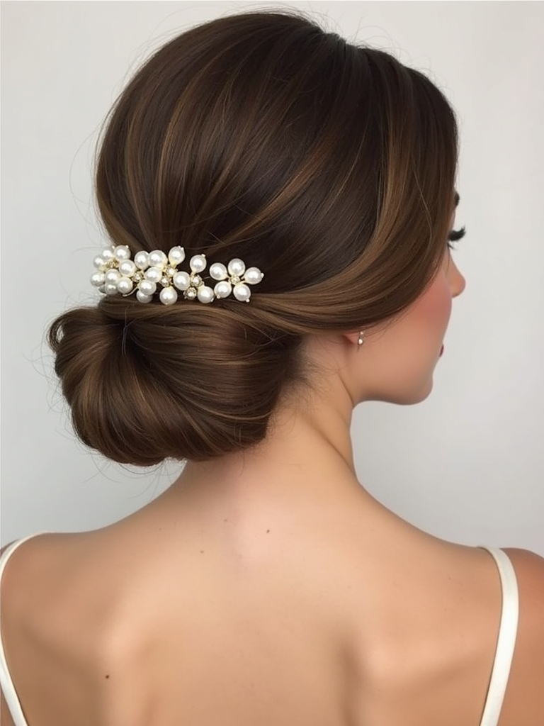 Pearl Embellished Low Bun Prom Hairstyle