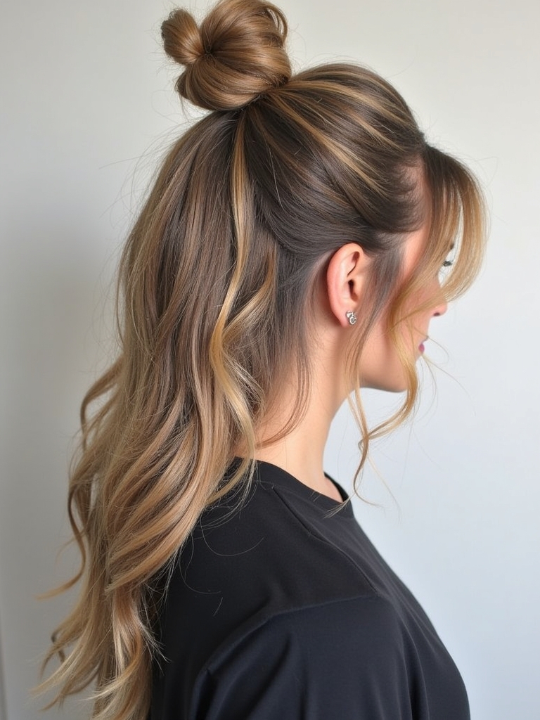 Long Hair for Older Women: Chic Top Knot with Long Layers