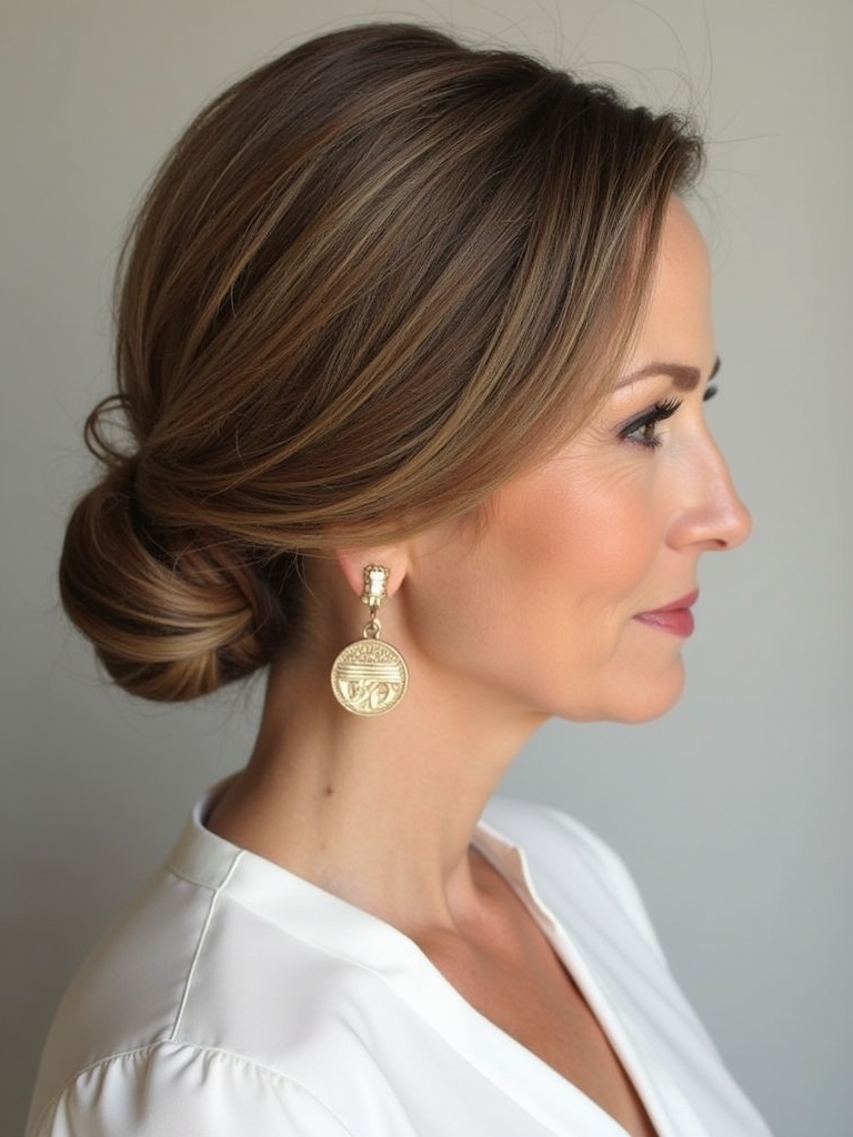 Long Hair for Older Women: Sophisticated Low Bun with Long Layers