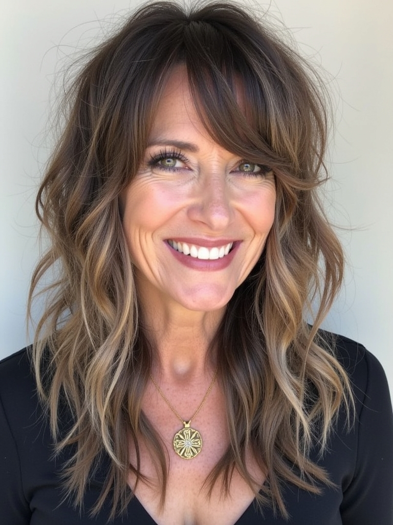 Long Hair for Older Women: Asymmetrical Layers with Sweeping Bangs
