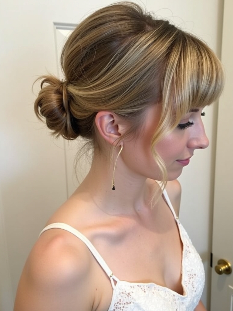 Hairstyles For Graduation: Curtain Bangs with Messy Bun