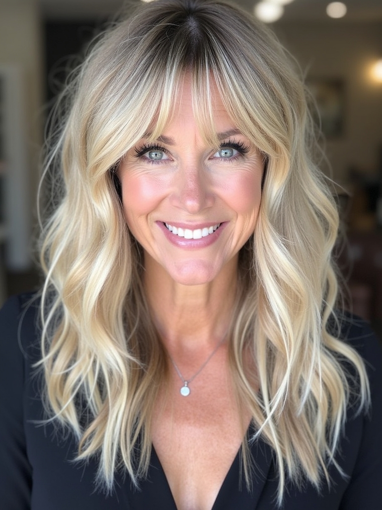 Long Hair for Older Women: Layered Shag with Curtain Bangs