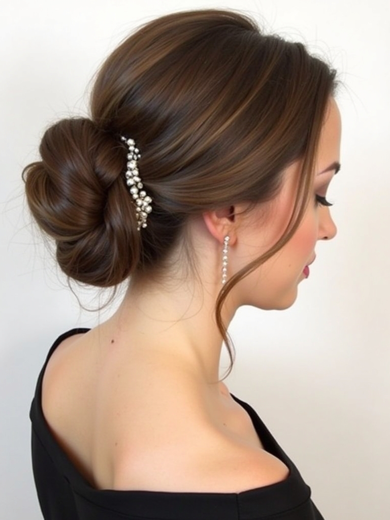 Deep Side Part Low Bun Prom Hairstyle