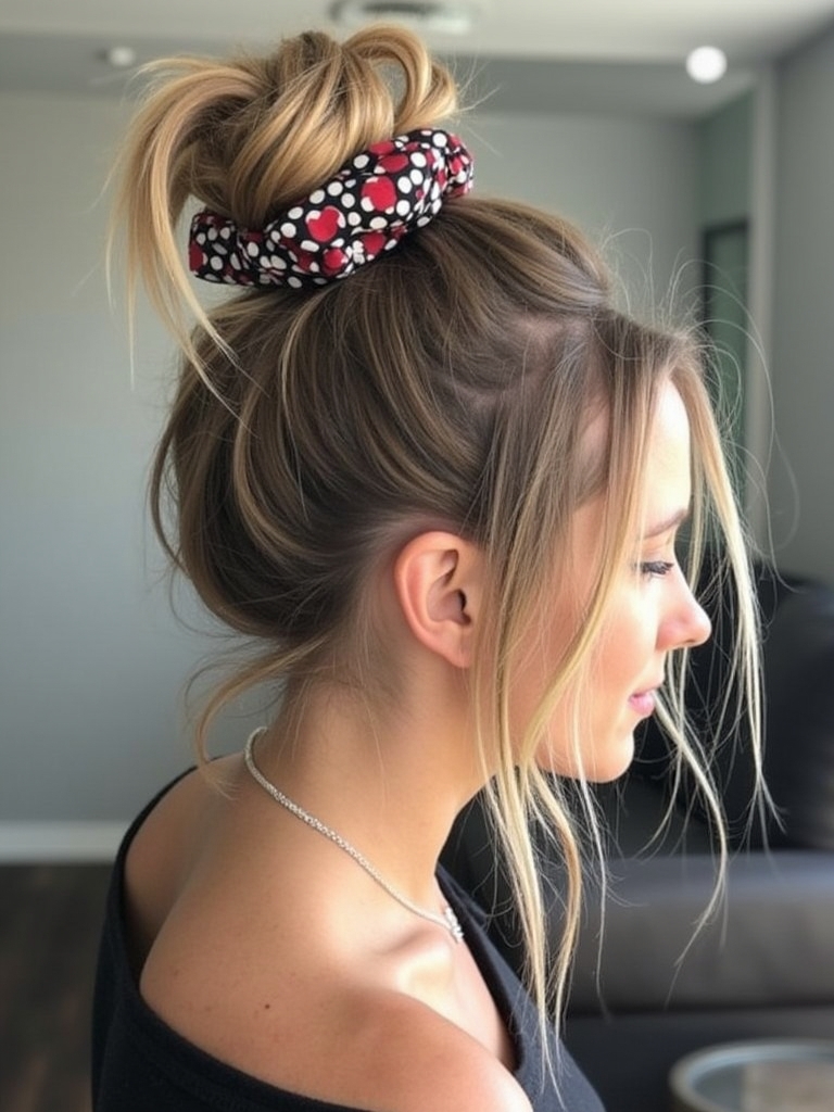 Rock Concert Hairstyles: Messy High Bun with Scrunchie