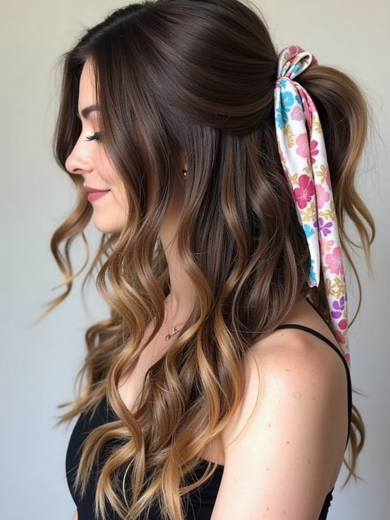 Brunette Summer Hair 2025: Accessorized with Scarves