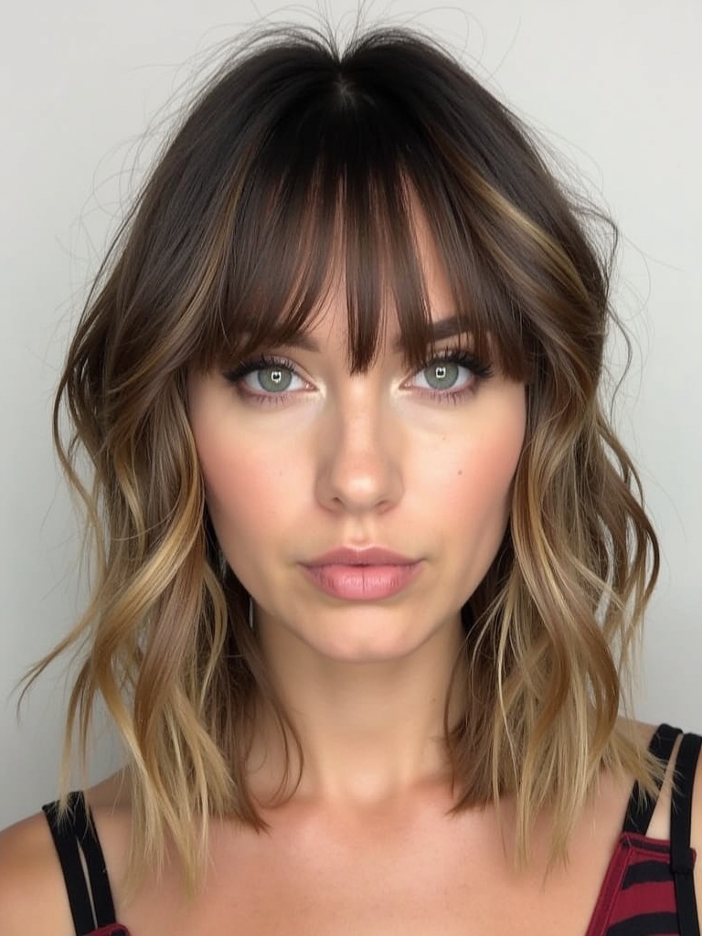 Shoulder Length Hairstyle For Thin Hair Fine: Middle Parted Curtain Bangs