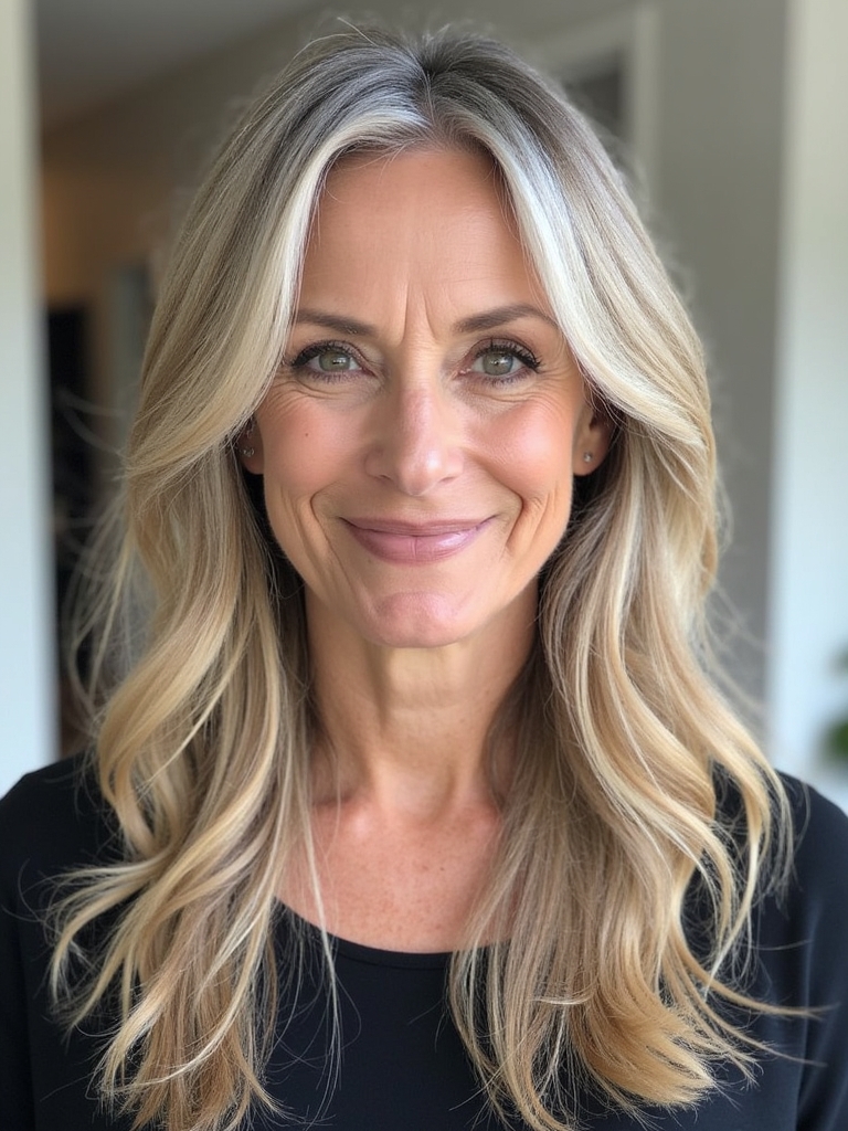 Long Hair for Older Women: Side-Swept Bangs with Subtle Layers