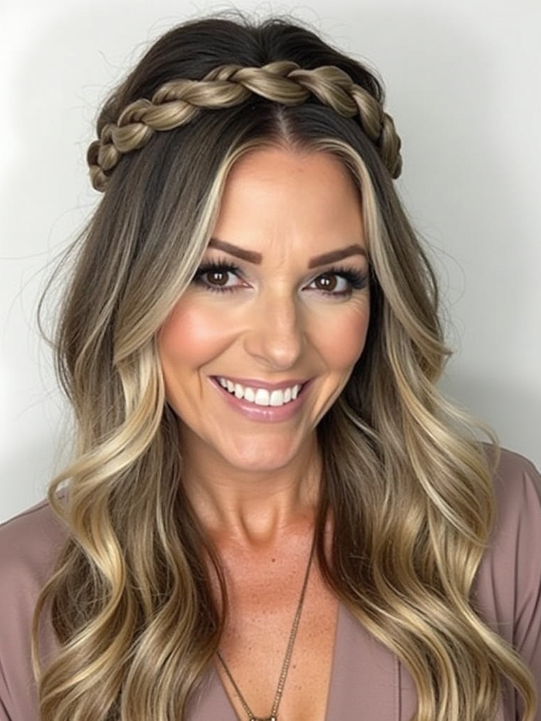 Long Hair for Older Women: Braided Crown with Long Layers