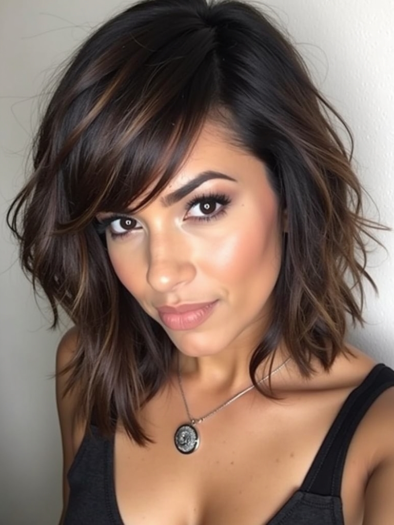 Rock Concert Hairstyles: Side Swept Bangs with Textured Lob