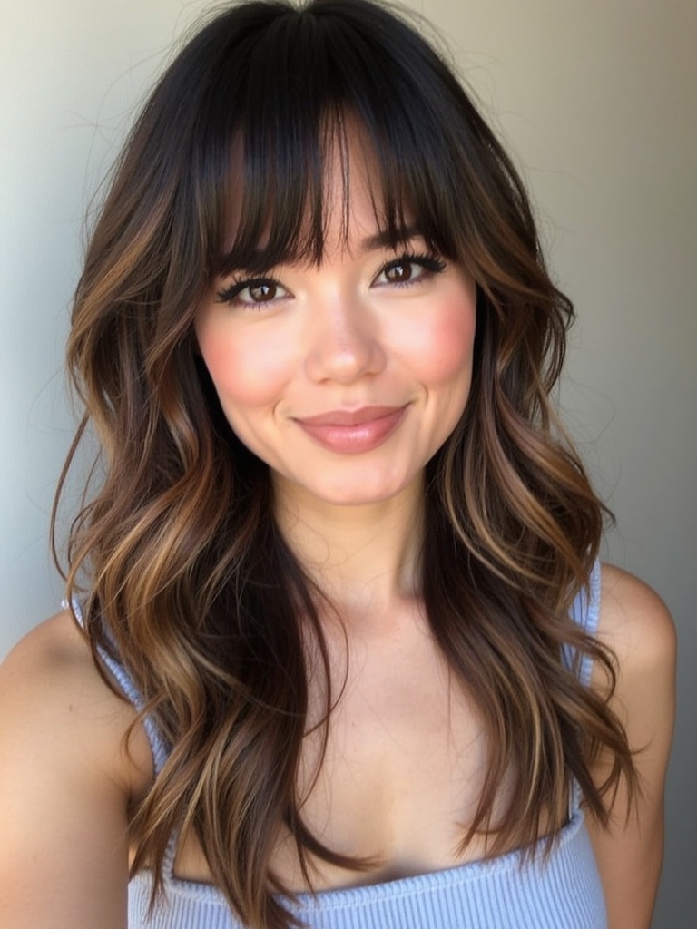 Brunette Summer Hair 2025: Long Layers with Curtain Bangs