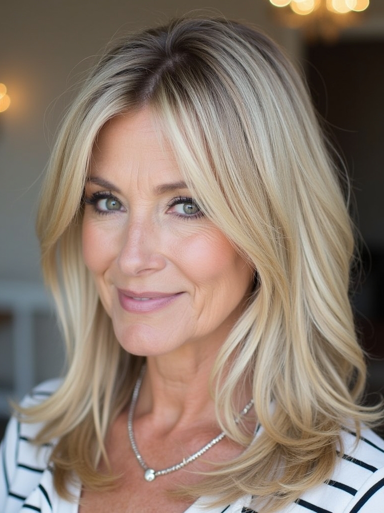 Long Hair for Older Women: Voluminous Layers with a Side Part