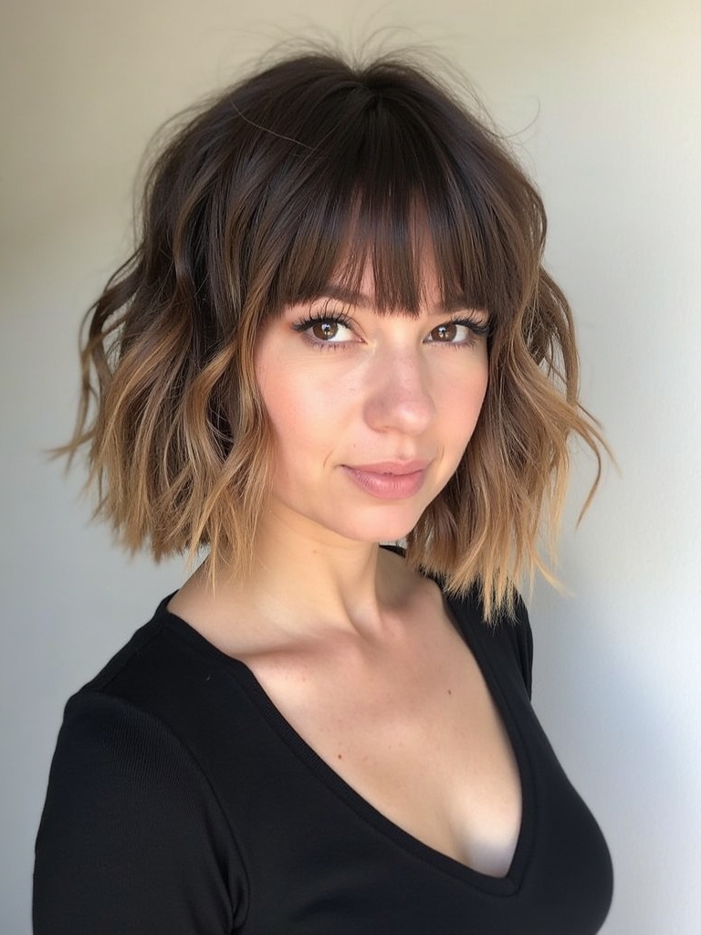 Shoulder Length Hairstyle For Thin Hair Fine: Shaggy Lob with Bangs
