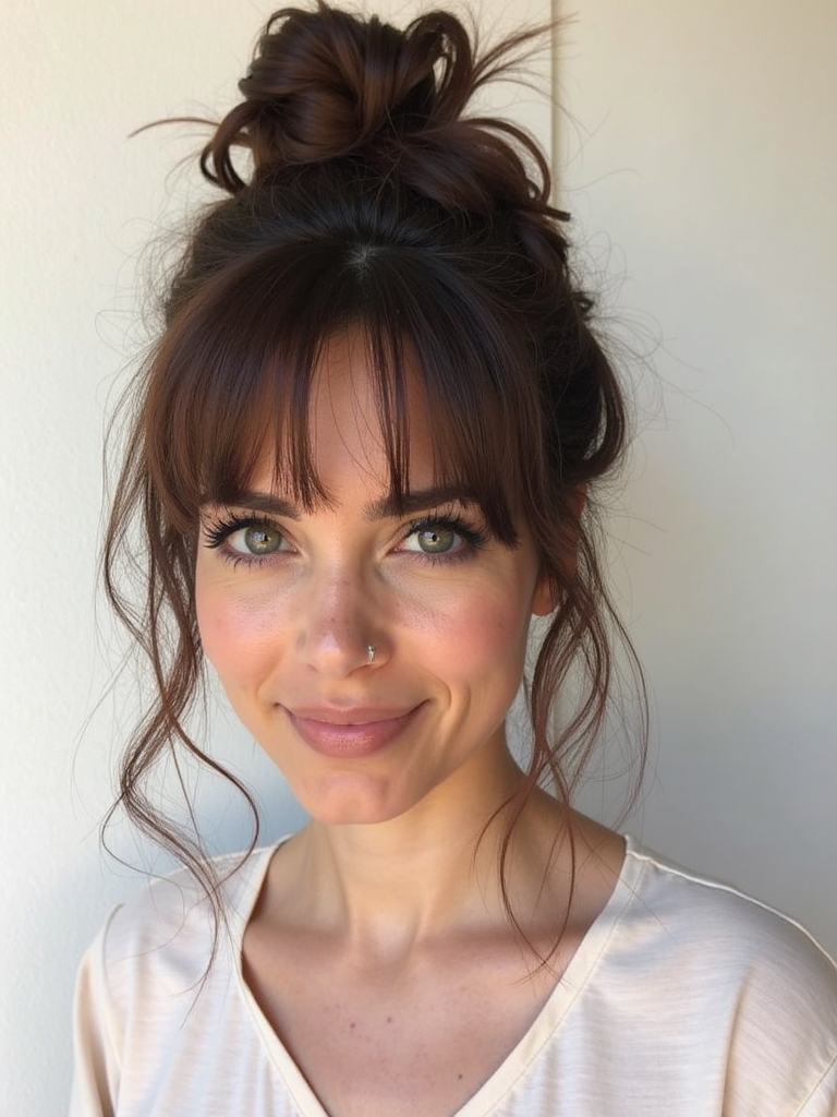 Brunette Summer Hair 2025: Messy Bun with Face-Framing Pieces