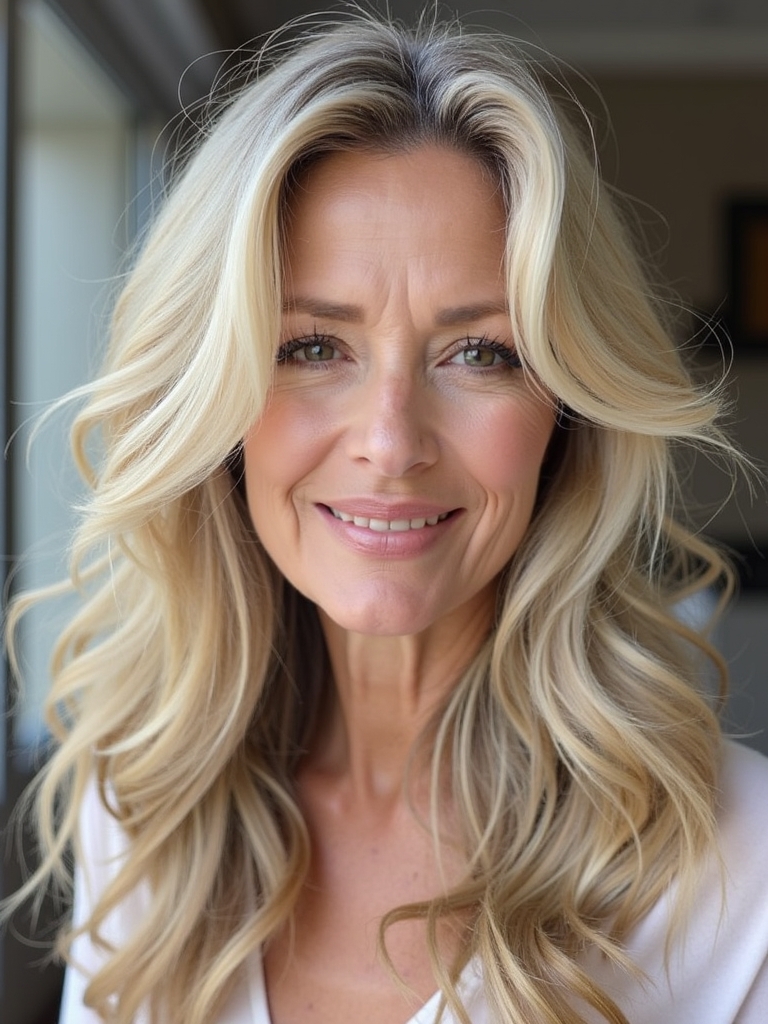 Long Hair for Older Women: Romantic Waves with Angled Layers