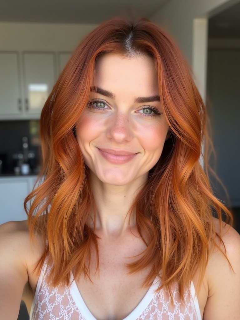 39 Copper Hair Color Ideas: Light Copper with Golden Highlights
