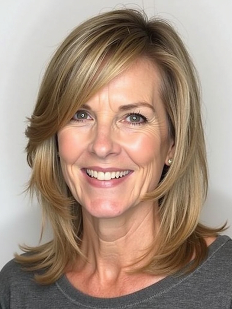 Hairstyles For Thin Hair Fine Over 50: The Side-Swept Bangs with Layers