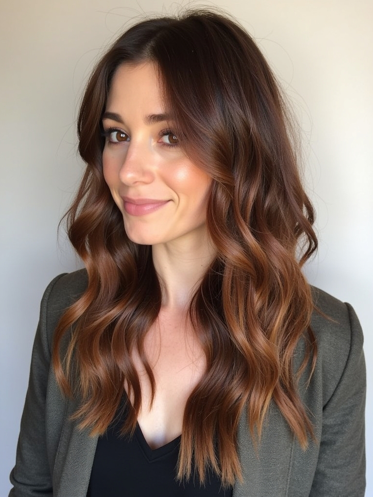 Dark Caramel Balayage: Golden Brown