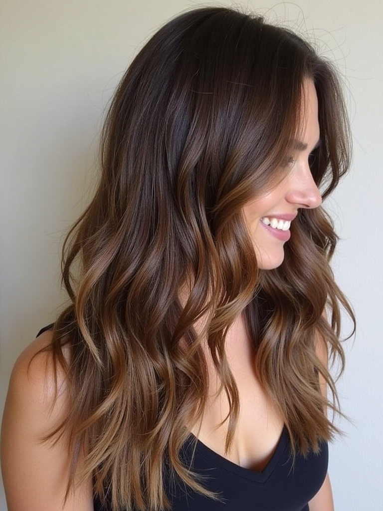 Dark Caramel Balayage: Chunky Highlights