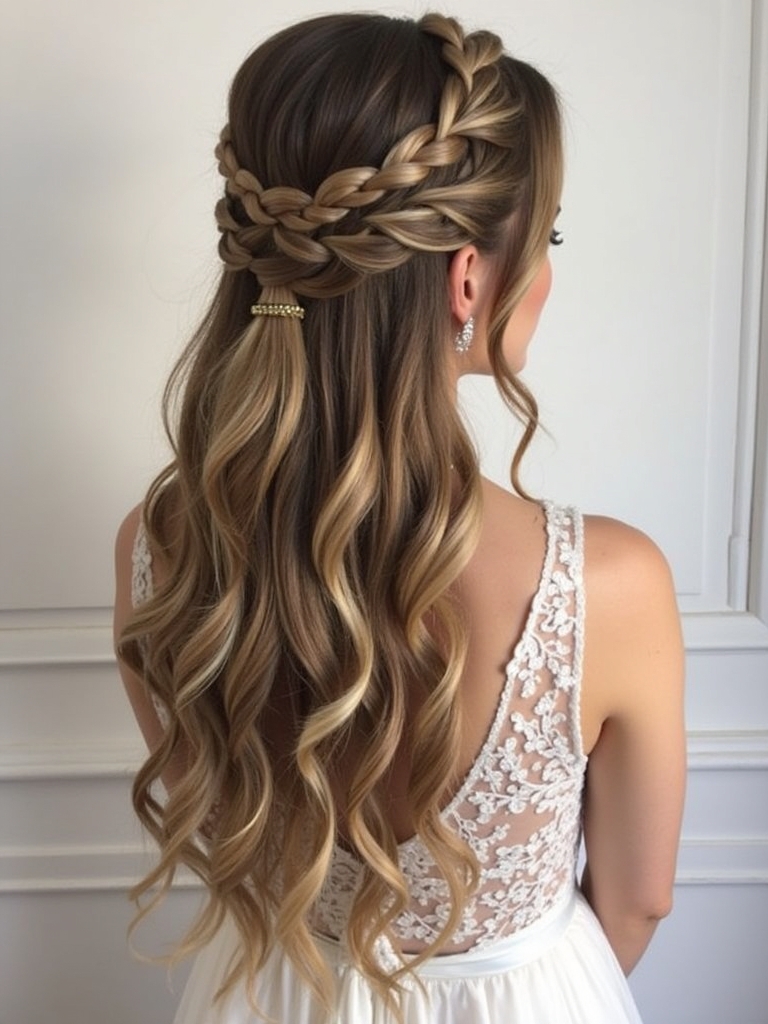 Half Up Half Down Wedding Hairstyle with a Sleek Top and Wavy Bottom