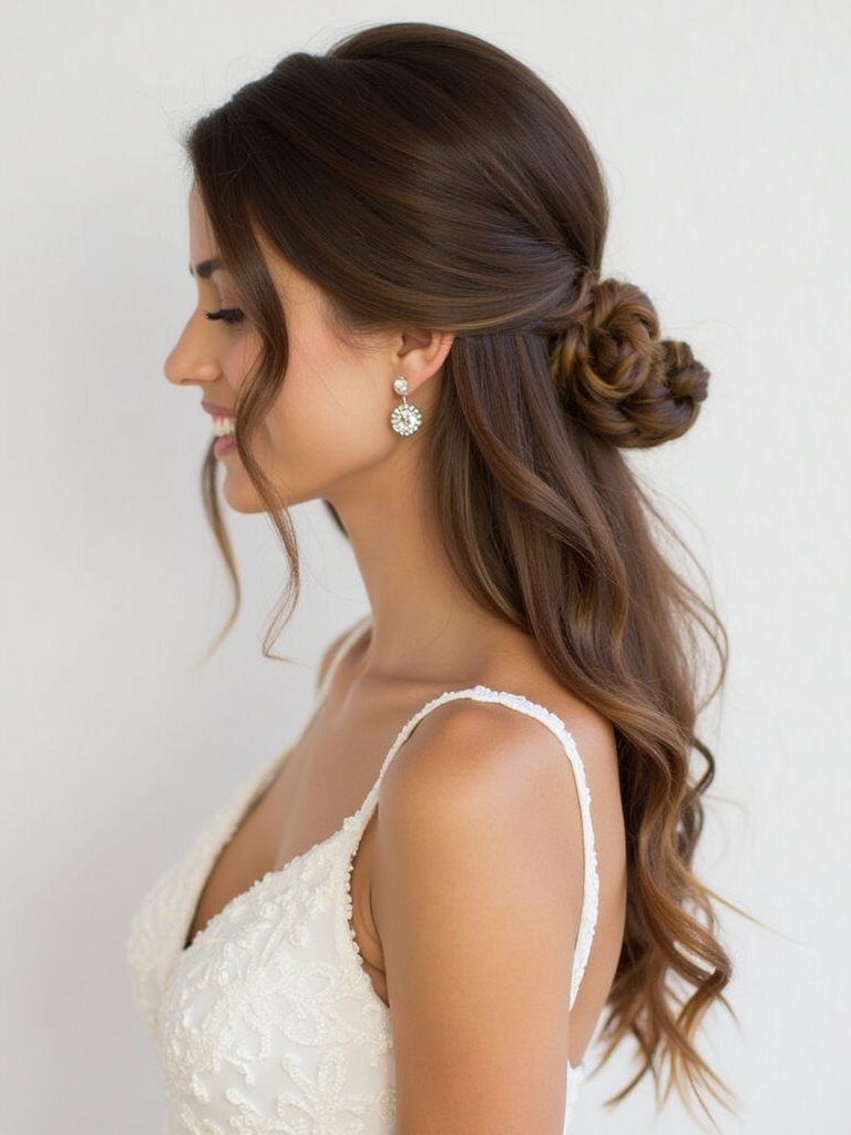 Half Up Half Down Wedding Hairstyle with Voluminous Curls and a Center Part