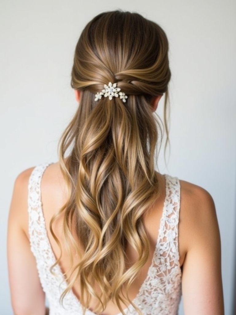 Half Up Half Down Wedding Hairstyle with Asymmetrical Pinning