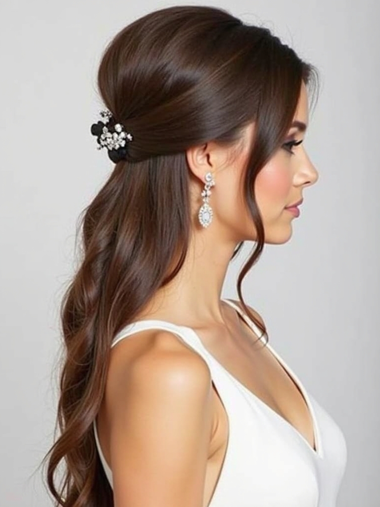 Half Up Half Down Wedding Hairstyle with Floral Accents