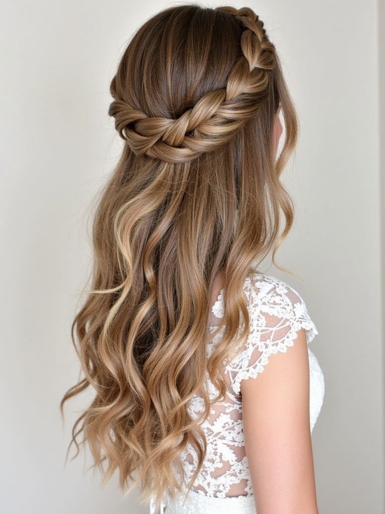 Half Up Half Down Wedding Hairstyle with Braided Crown